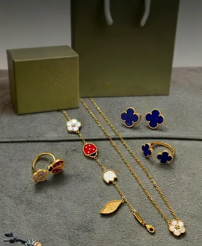 Gold-tone Black Clover Necklace, Bracelet and Stud Earrings Set