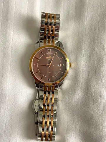 Two-tone women wristwatch with brown dial, stainless steel bracelet