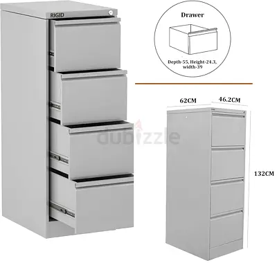 Metal 4-Drawer Vertical Filing Cabinet - Grey, 132cm High