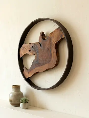Modern Round Metal and Natural Wood Wall Art decor