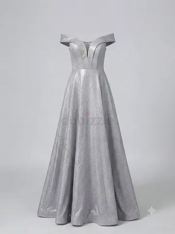 Silver Off-Shoulder Sparkle Evening Gown, Full-Length Formal Dress