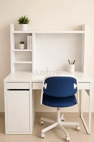 White Study Desk with Shelves and Matching Swivel Chair — Good Condition