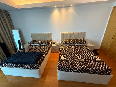 2 Queen beds for sale with Mattress 3 side drawers table
