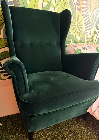 Dark Green Velvet Wingback Armchair - Good Condition