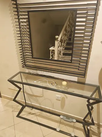 Glass Top Console Table with Black Metal Frame
