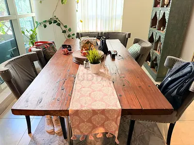 Solid Wood Dining Table with 6 Upholstered Chairs - Rustic Finish