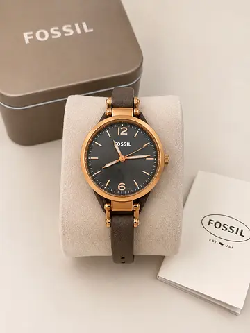 Fossil Ladies Rose Gold Case Grey Dial Leather Strap Watch
