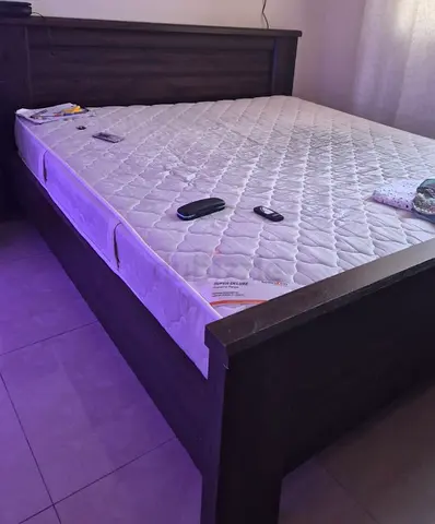 Dark Wood Double Bed Frame with Mattress - Good Condition