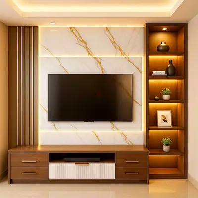 Wooden TV Entertainment Unit with Built-in Shelves and LED Backlight