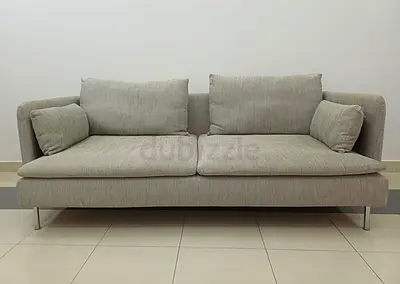 Grey fabric two seater sofa with chrome legs