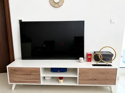 White and wood TV unit / entertainment cabinet - low profile