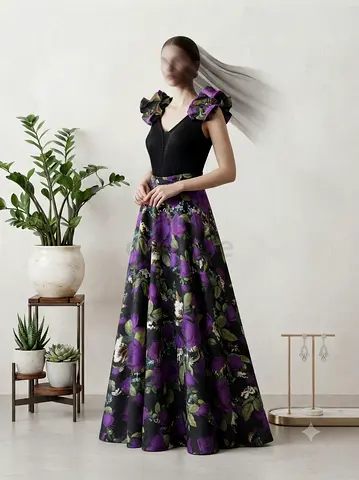 Evening floral ball gown with black bodice and purple print skirt