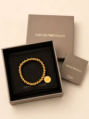 Emporio Armani Gold-Tone Beaded Bracelet with Logo Charm