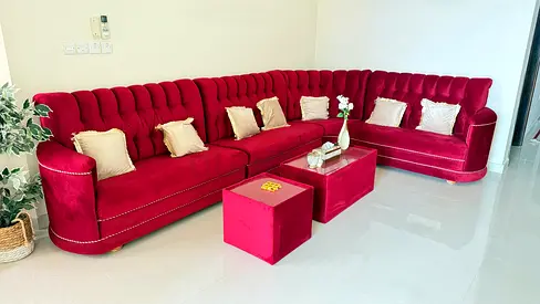 Large Red Velvet L-shaped Sofa Set Cushions