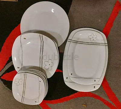 White Floral Dinnerware Set - Plates and Serving Trays (Good Condition)