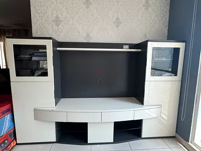 White gloss entertainment TV unit with display cabinets - good condition