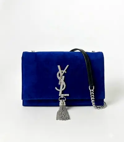 Saint Laurent STYLE Kate Small Blue Velvet Shoulder Bag with Tassel