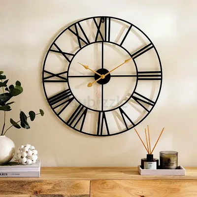 Large Black Metal Wall Clock with Roman Numerals