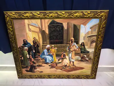 Framed Orientalist Oil Painting — Market Scene with Musicians