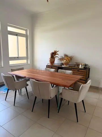 Wood Dining Table with 6 Upholstered Armchairs - Good Condition