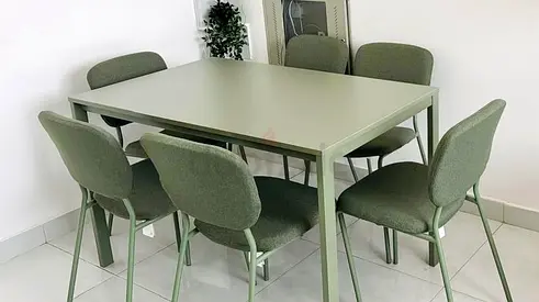 6-Seater Olive Green Dining Table with Matching Chairs