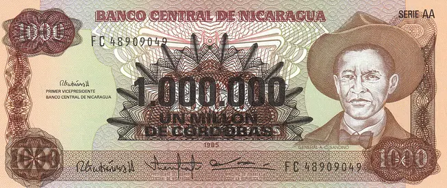 NICRAGUA 1000000 CORDOBAS OVERPRINT BANKNOTE 1985