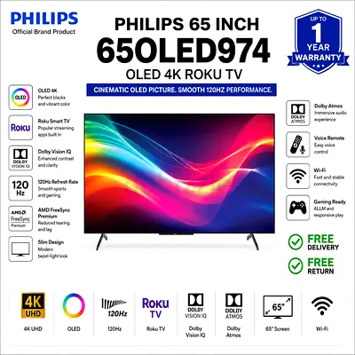 Philips 65 4K OLED Roku TV (650LED974) - 120Hz, Dolby Atmos