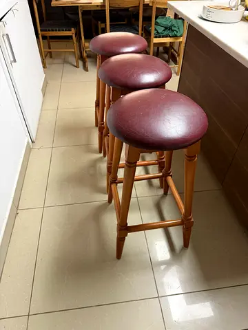 Set of 3 Wooden Bar Stools with Burgundy Padded Seats