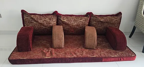 Low-seating Arabic floor sofa set - 3 back cushions, 3 arm rests, maroon/brown