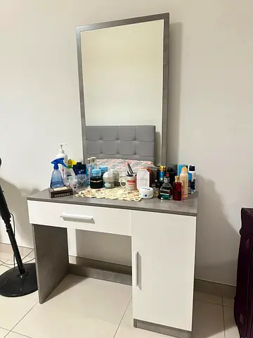 King Size Bed Grey and White, Two side tables and Modern Dressing Table with Mirror