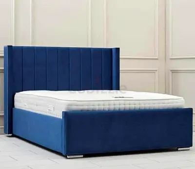 Modern Blue Velvet Bed Frame with Winged Headboard