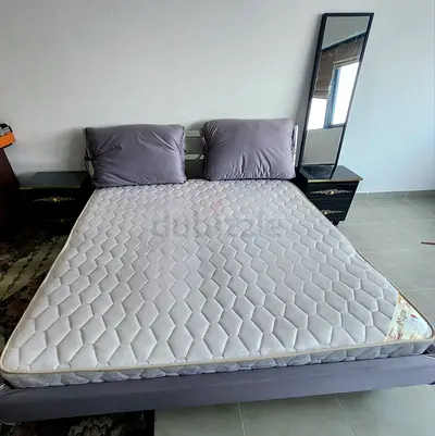 Queen size bed frame with mattress and bedside tables and Mirror - good condition