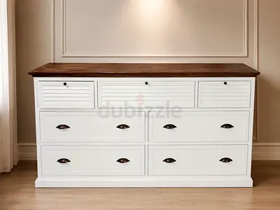 Modern White Wooden Dresser with Brown Top