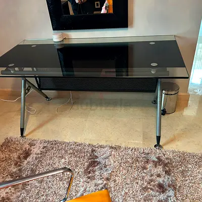 Modern glass top office desk with metal frame — good condition
