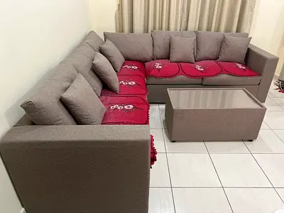 L-shaped Fabric Corner Sofa with Coffee Table - Good Condition