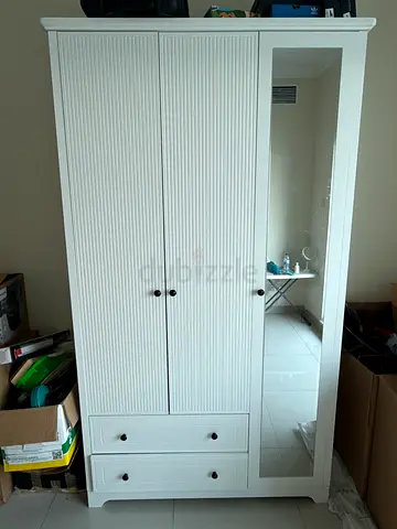 White Tall Wardrobe with Mirror and Drawers - Good Condition