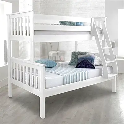 White Wooden Twin-over-Full Bunk Bed with Ladder