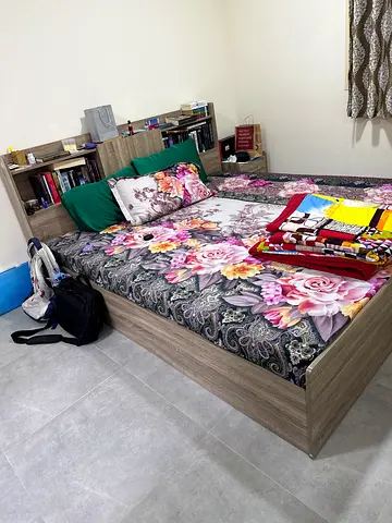 Queen wooden platform bed with built-in headboard storage - good condition