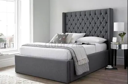 Grey Fabric Upholstered Bed with Tufted Headboard