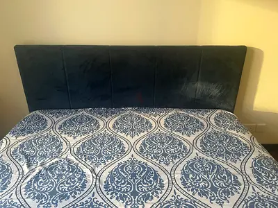 King size upholstered bed frame with padded headboard - dark blue