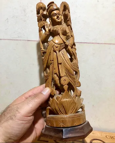 Hand-carved Wooden Hindu Deity Statue on Base