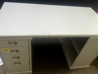 White Wooden Office Desk with Drawers and Open Shelves