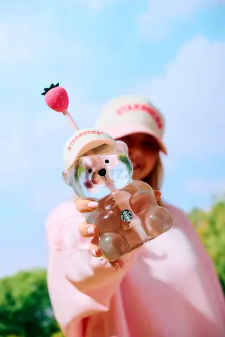 Starbucks Bear Shaped Water Bottle with Strawberry Straw