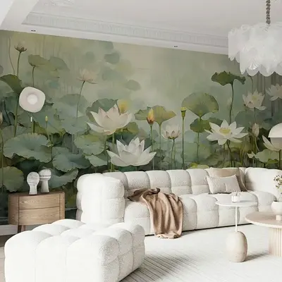 Large Floral Lotus Mural Wallpaper — Elegant Green Botanical Wall Mural
