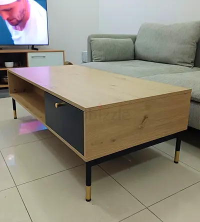 Modern Wooden Coffee Table with Drawers and Metal Legs