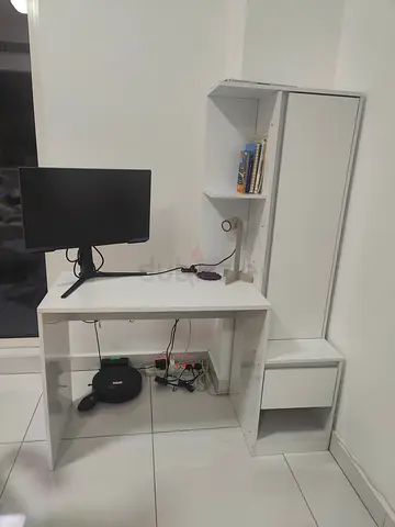 White corner study desk with shelving and drawer with grey study chair - good condition