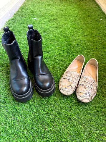 Black leather platform ankle boots (EU 36) and snakeskin loafers (EU 37) - preowned