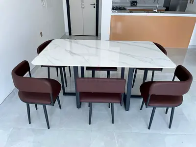 Modern 6-Seater Marble-Top Dining Table with Upholstered Chairs