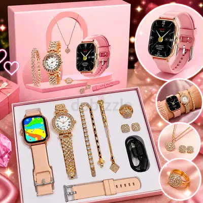 Womens Pink Smartwatch and Jewelry Gift Set - Watch, Bracelet, Necklace  Earrings