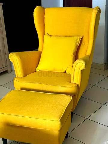 Yellow Wingback Armchair with Ottoman - Good Condition